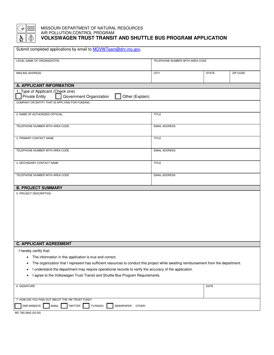 Form MO780-2842 Volkswagen Trust Transit and Shuttle Bus Program Application - Missouri, Page 1