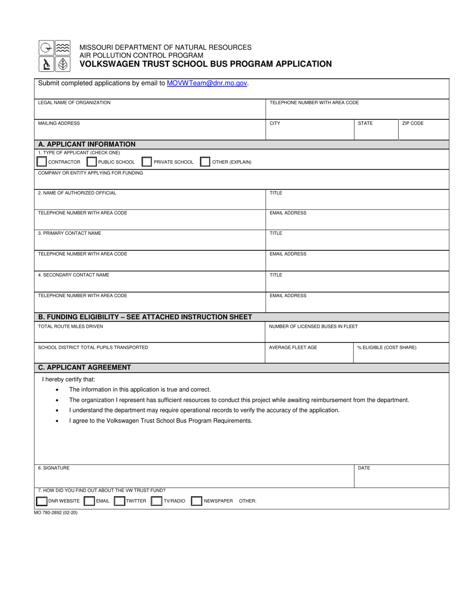 Form MO780-2892 Volkswagen Trust School Bus Program Application - Missouri, Page 1
