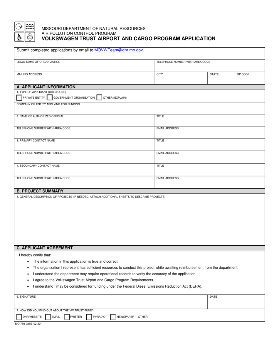 Form MO780-2885 Volkswagen Trust Airport and Cargo Program Application - Missouri, Page 1