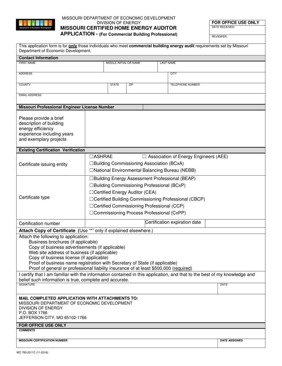 Form MO780-2011C Missouri Certified Home Energy Auditor Application - (For Commercial Building Professional) - Missouri, Page 1