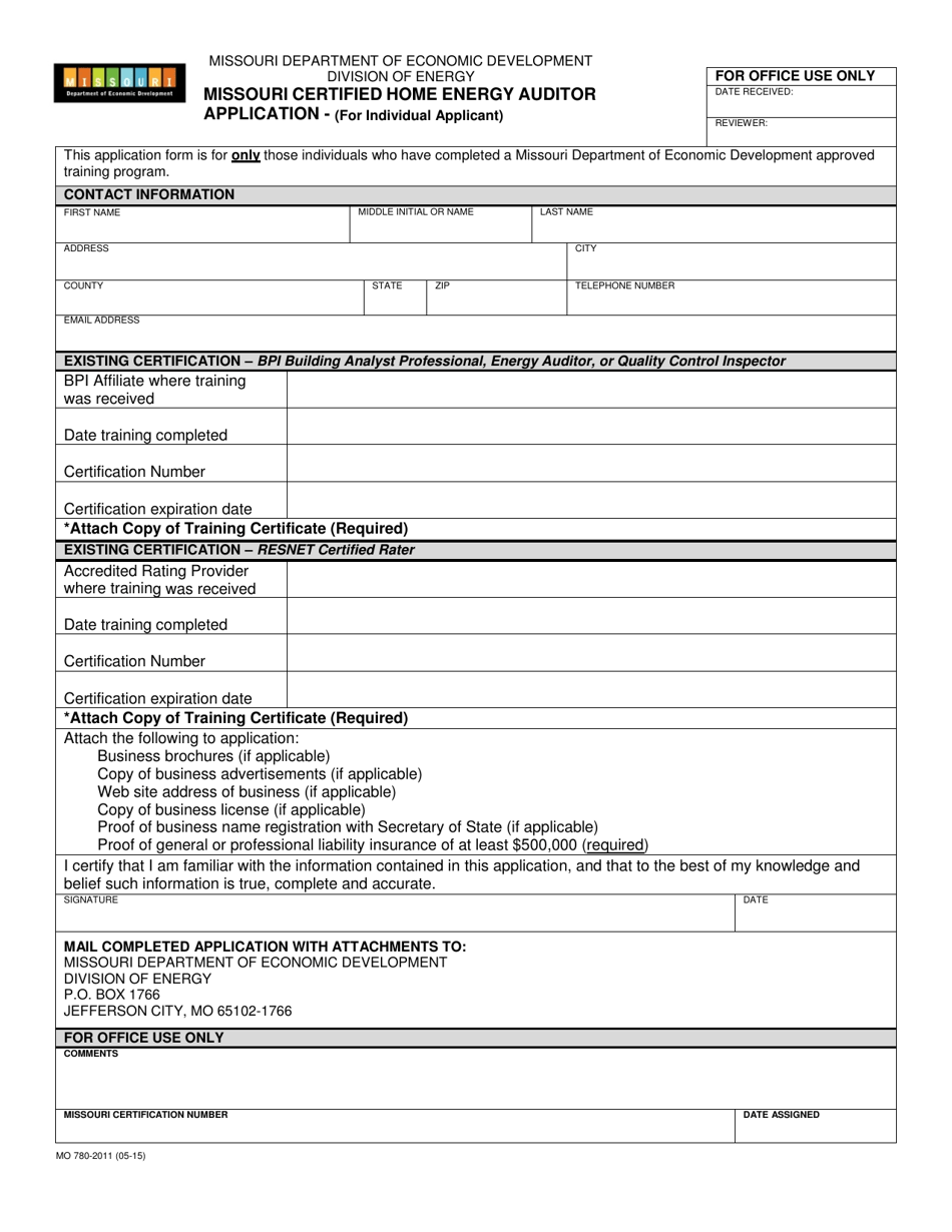 Form MO780-2011 Missouri Certified Home Energy Auditor Application - Missouri, Page 1
