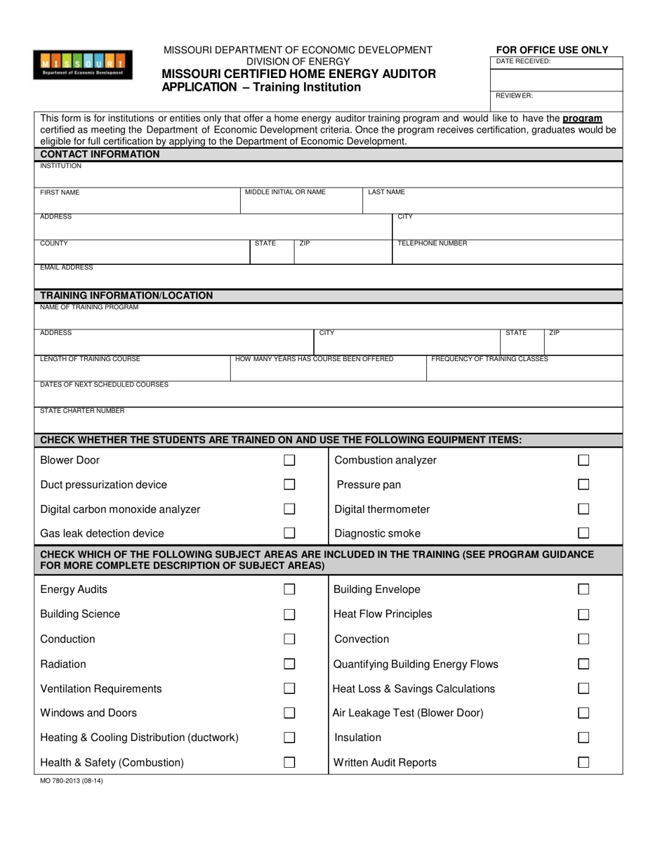 Form MO780-2013 Missouri Certified Home Energy Auditor Application - Training Institution - Missouri, Page 1