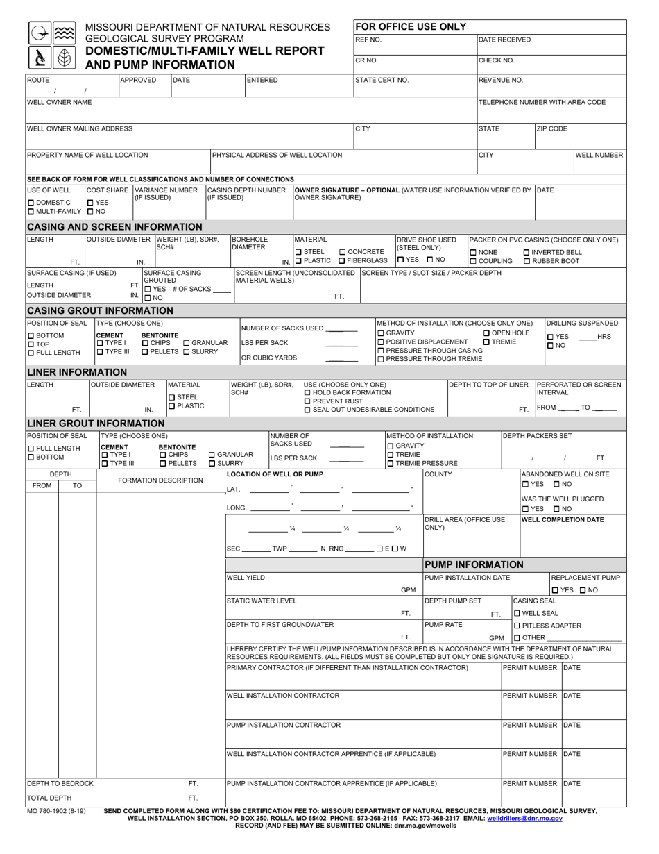 Form MO780-1902 Domestic / Multi-Family Well Report and Pump Information - Missouri, Page 1