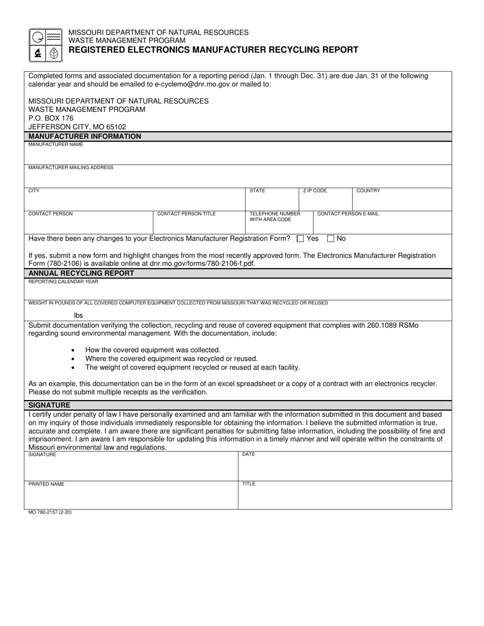 Form MO780-2157 Registered Electronics Manufacturer Recycling Report - Missouri, Page 1