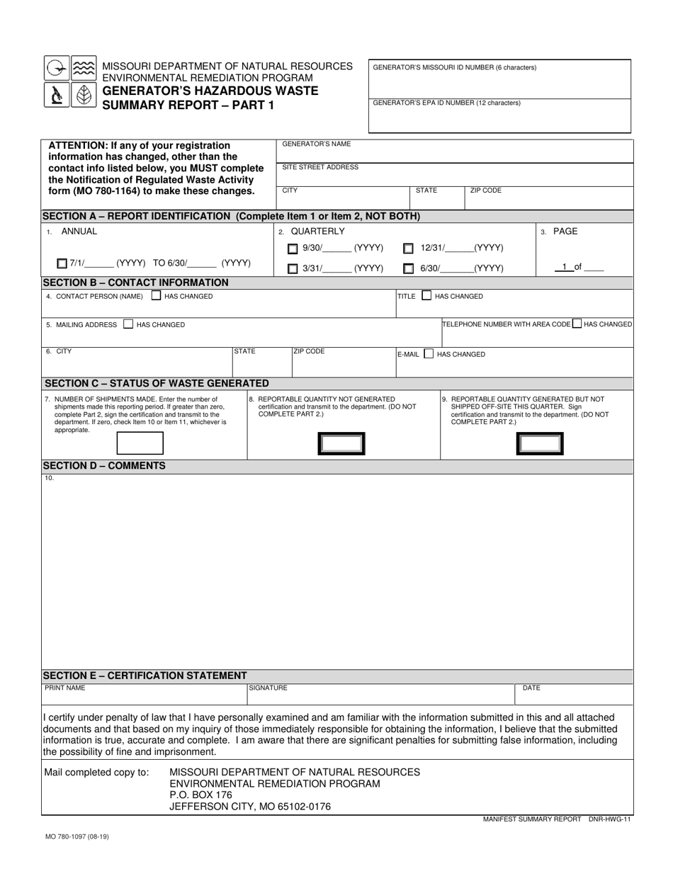 Form MO780-1097 Generators Hazardous Waste Summary Report - Missouri, Page 1