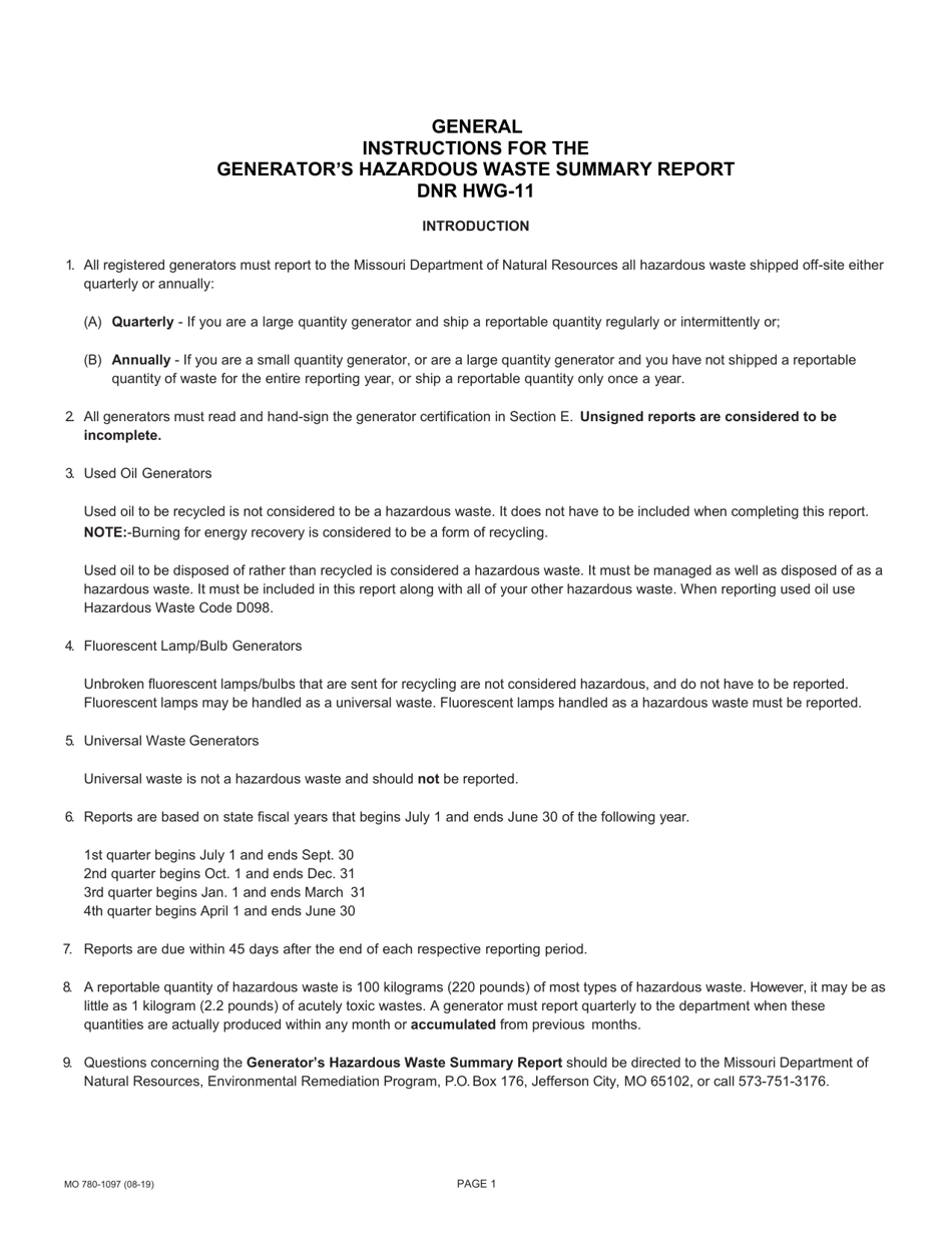 Form MO780-1097 Generators Hazardous Waste Summary Report - Missouri, Page 3