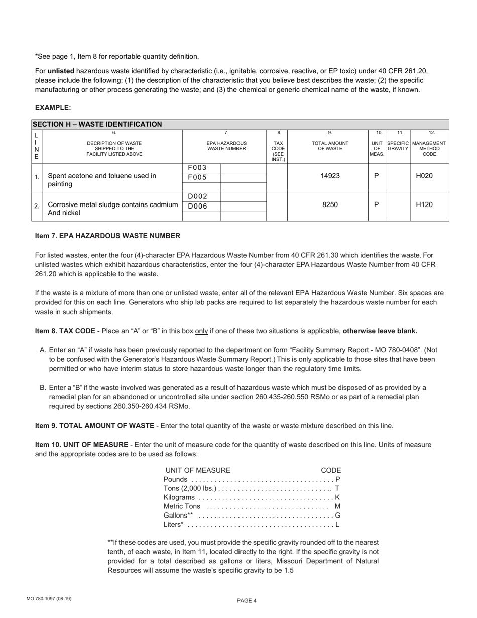 Form MO780-1097 Generators Hazardous Waste Summary Report - Missouri, Page 6