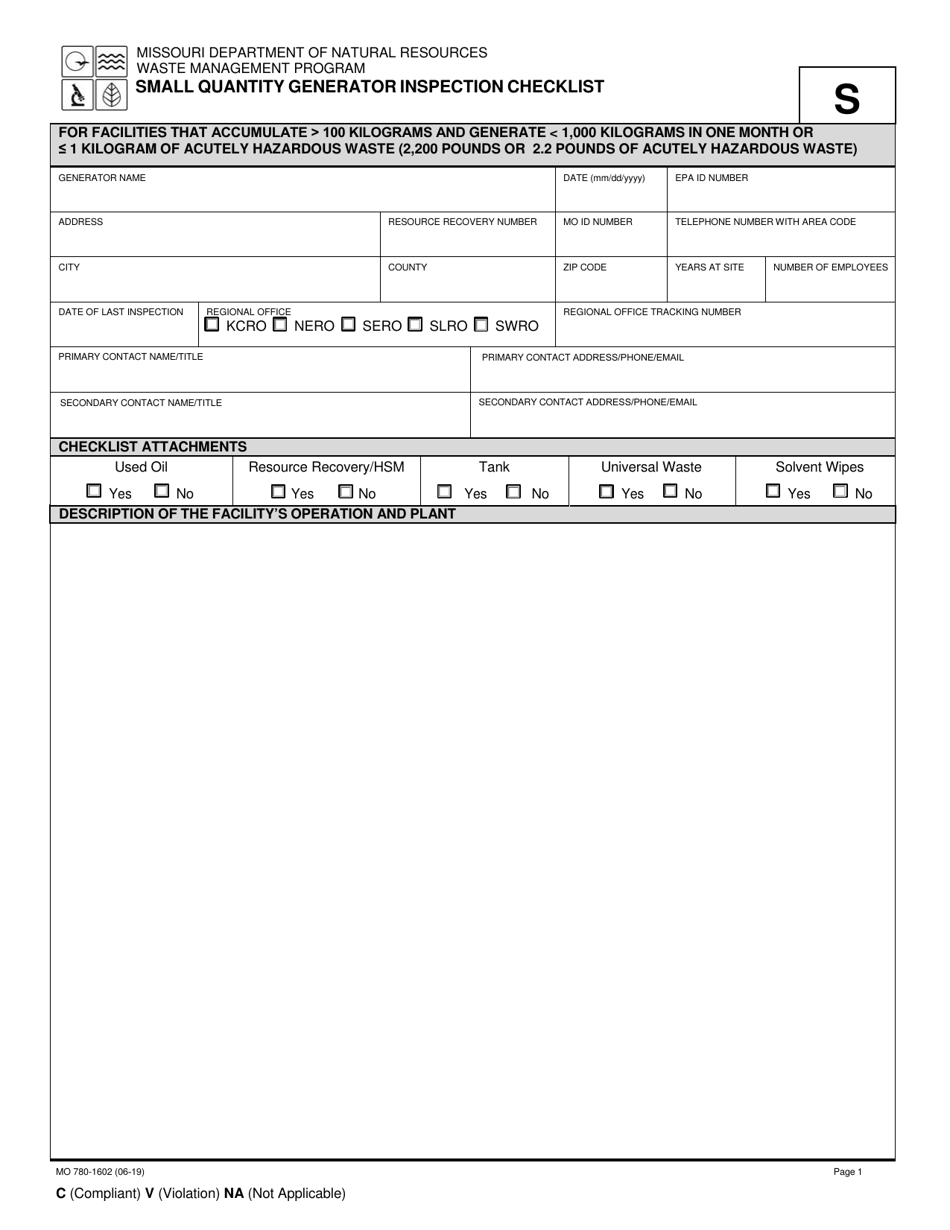 Form MO780-1602 Small Quantity Generator Inspection Checklist - Missouri, Page 1