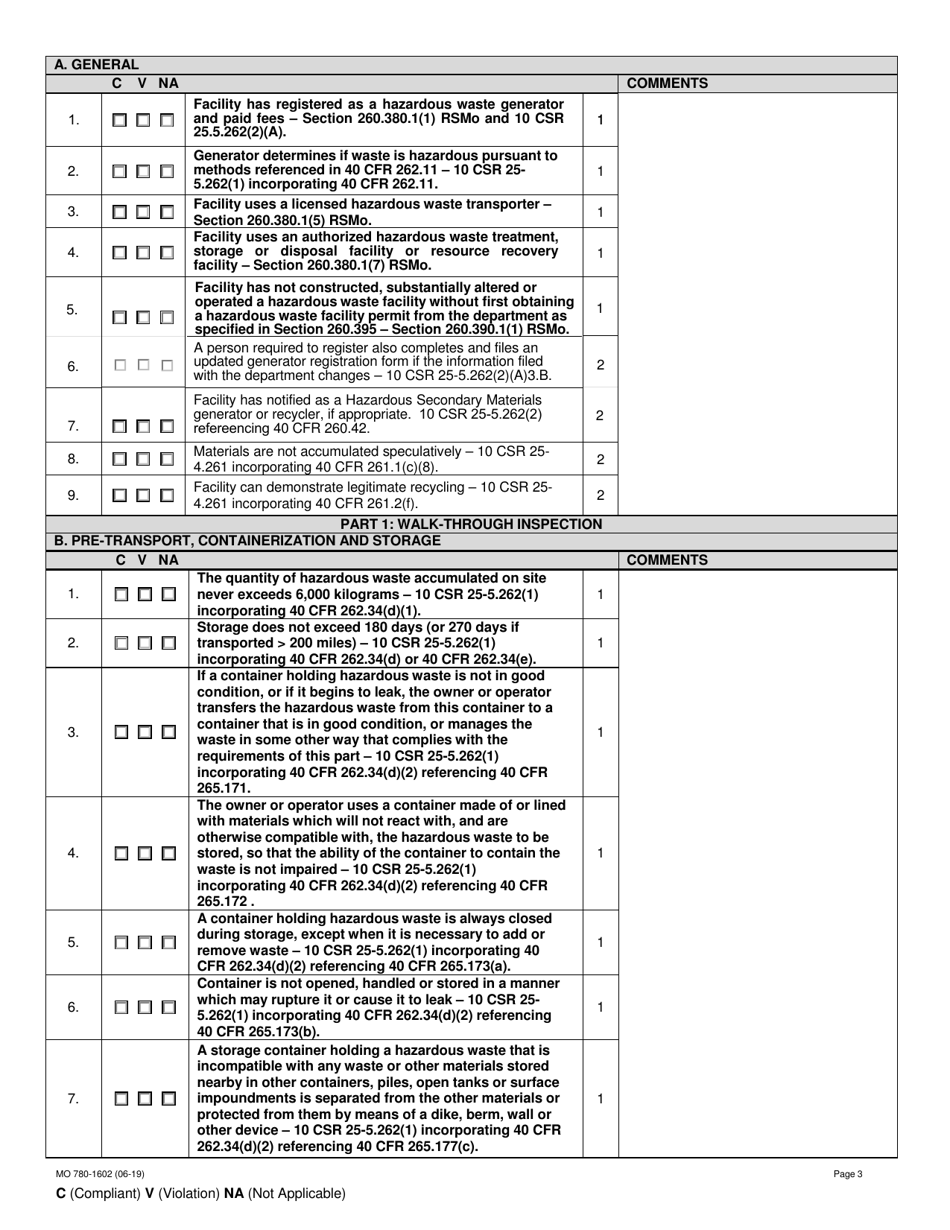 Form MO780-1602 Small Quantity Generator Inspection Checklist - Missouri, Page 3