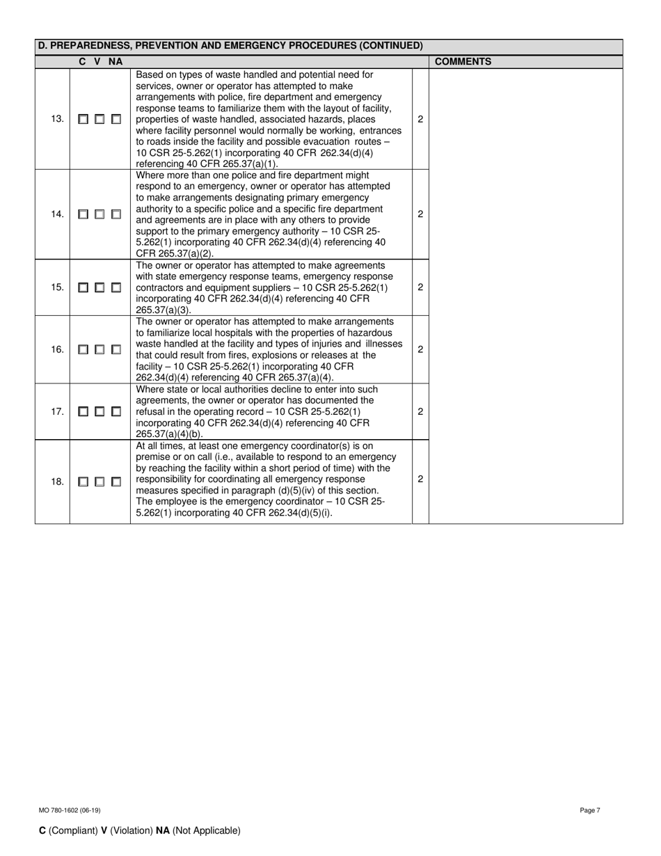 Form MO780-1602 Small Quantity Generator Inspection Checklist - Missouri, Page 7