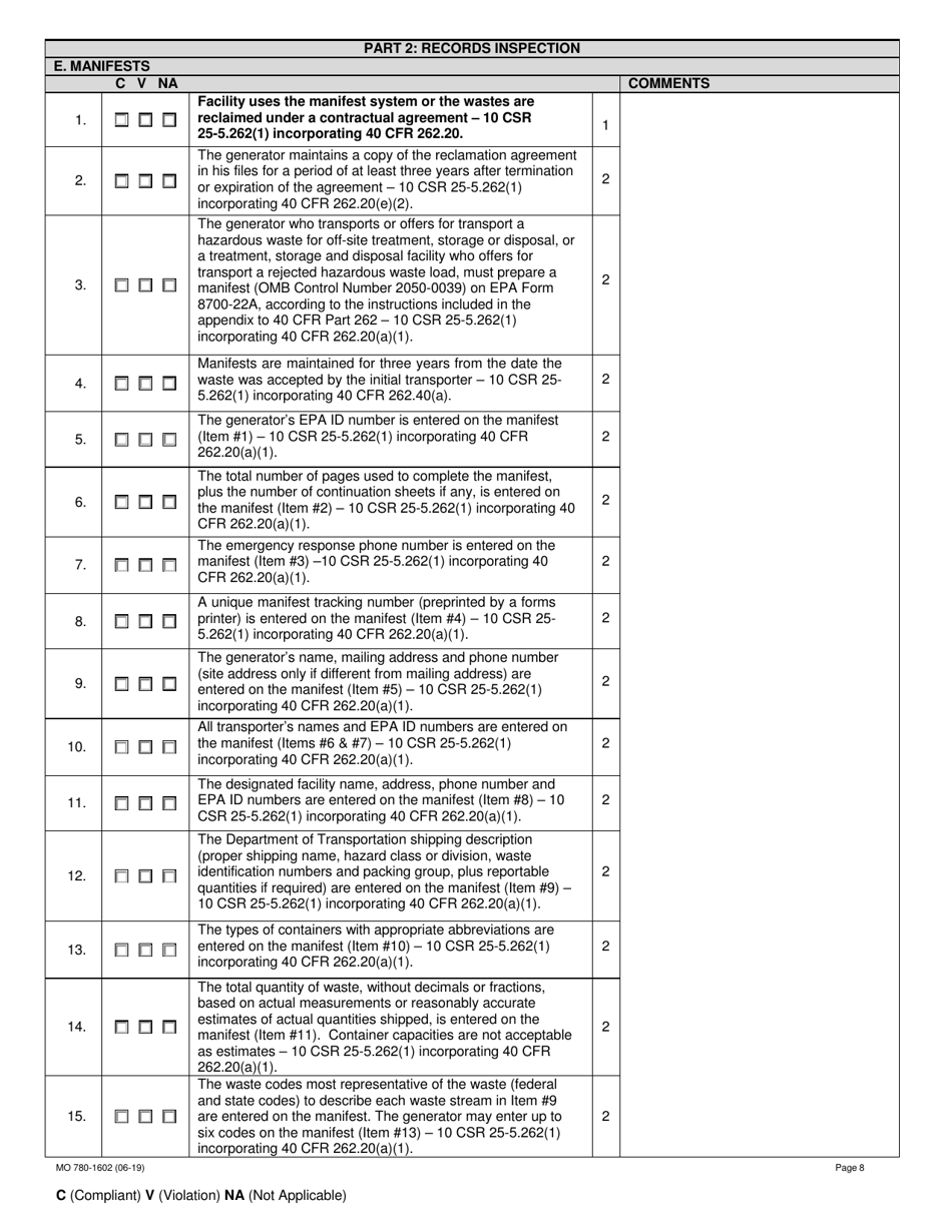 Form MO780-1602 Small Quantity Generator Inspection Checklist - Missouri, Page 8