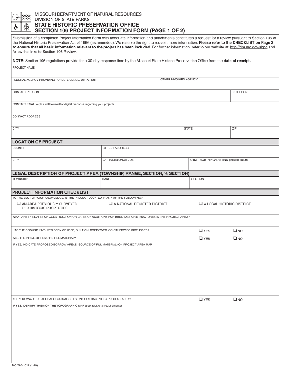 Form MO780-1027 Section 106 Project Information Form - Missouri, Page 1