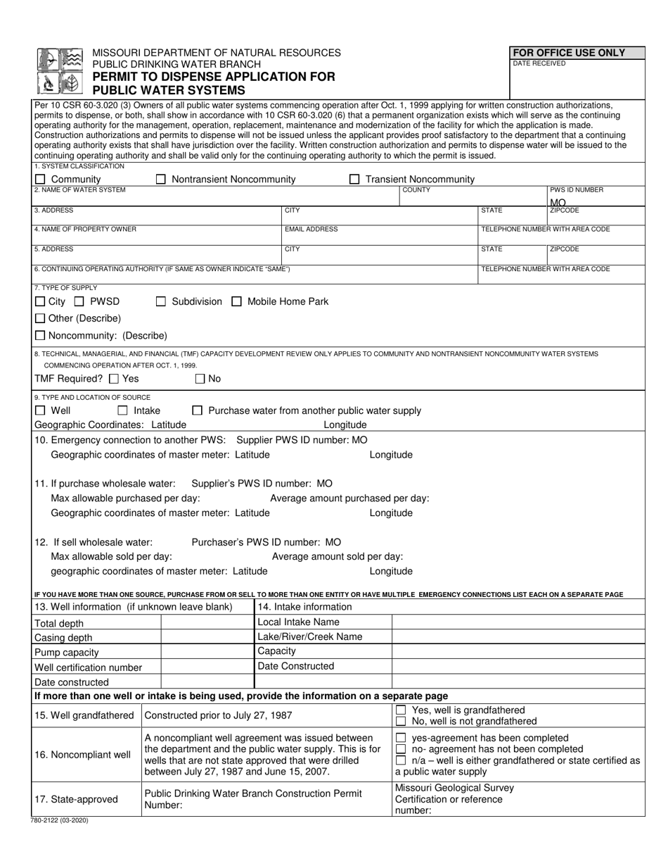 Form MO780-2122 Permit to Dispense Application for Public Water Systems - Missouri, Page 1