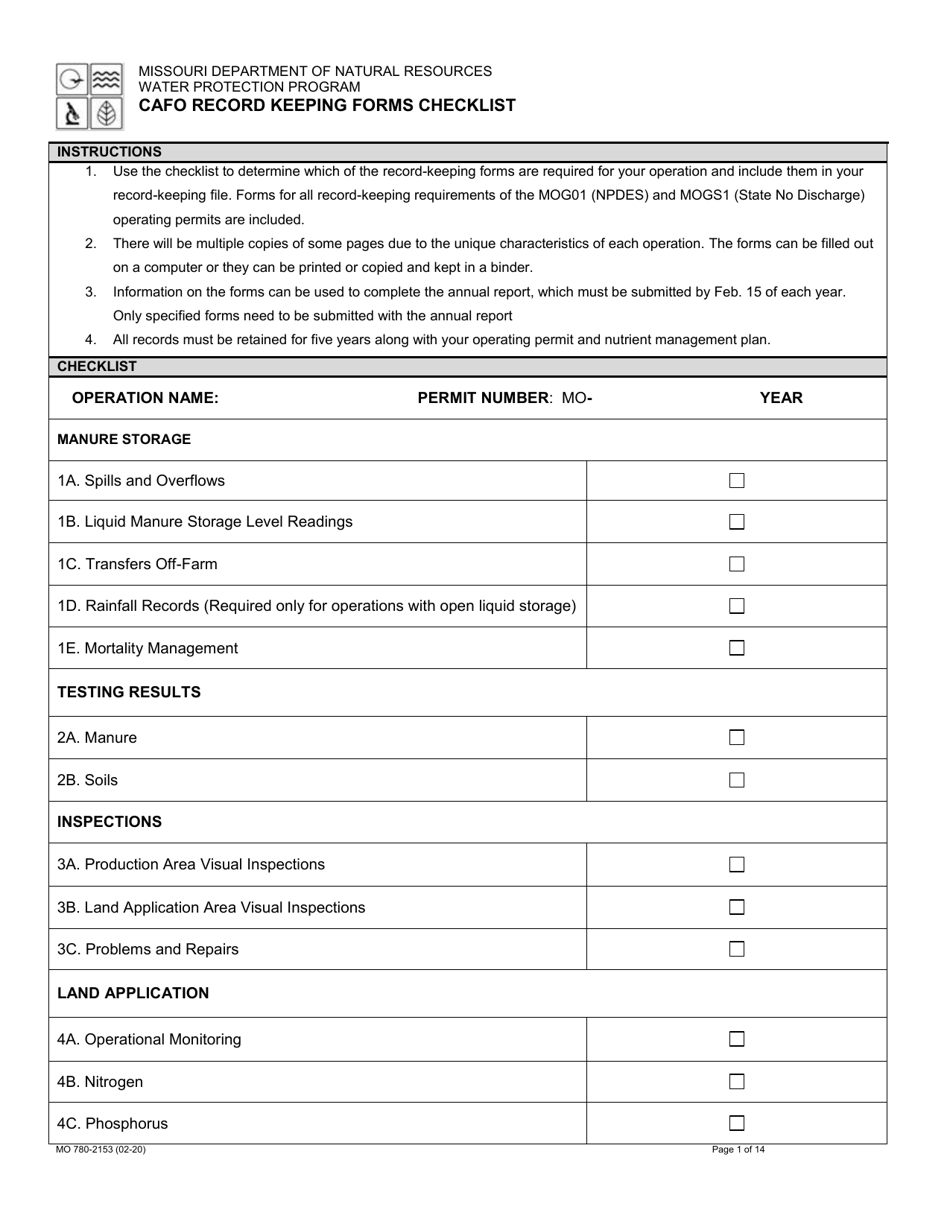 Form MO780-2153 Cafo Record Keeping Forms Checklist - Missouri, Page 1