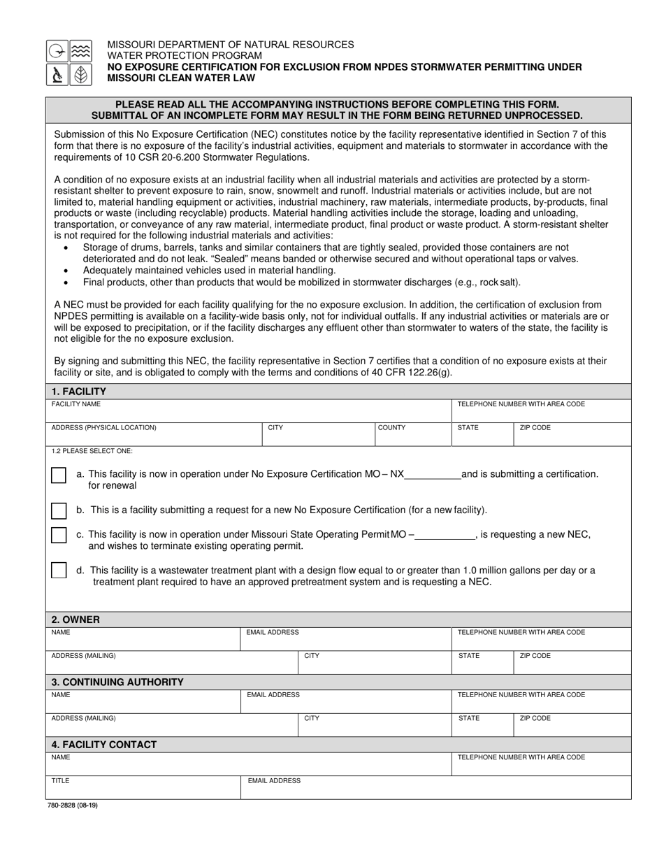 Form 780-2828 No Exposure Certification for Exclusion From Npdes Stormwater Permitting Under Missouri Clean Water Law - Missouri, Page 1