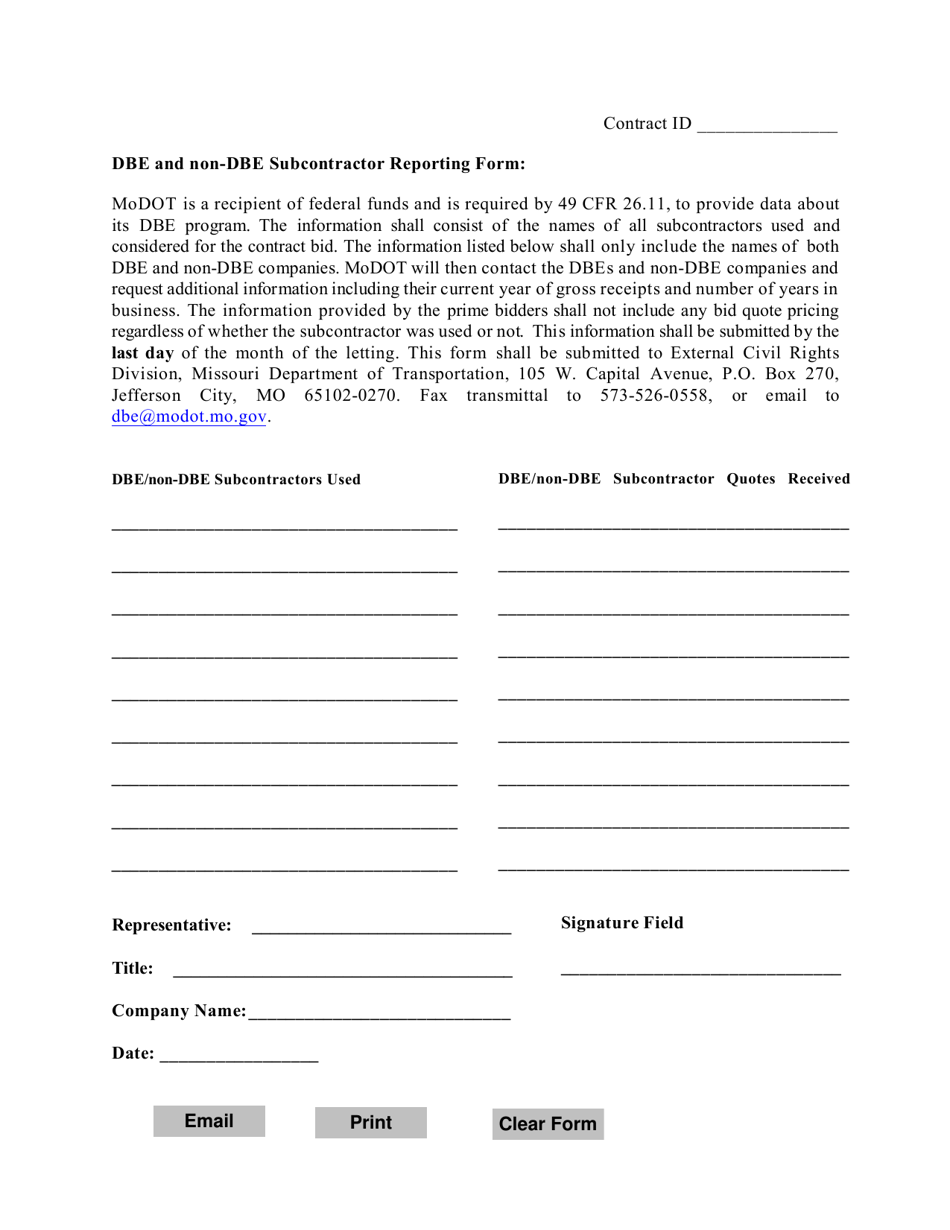 Dbe and Non-dbe Subcontractor Reporting Form - Missouri, Page 1