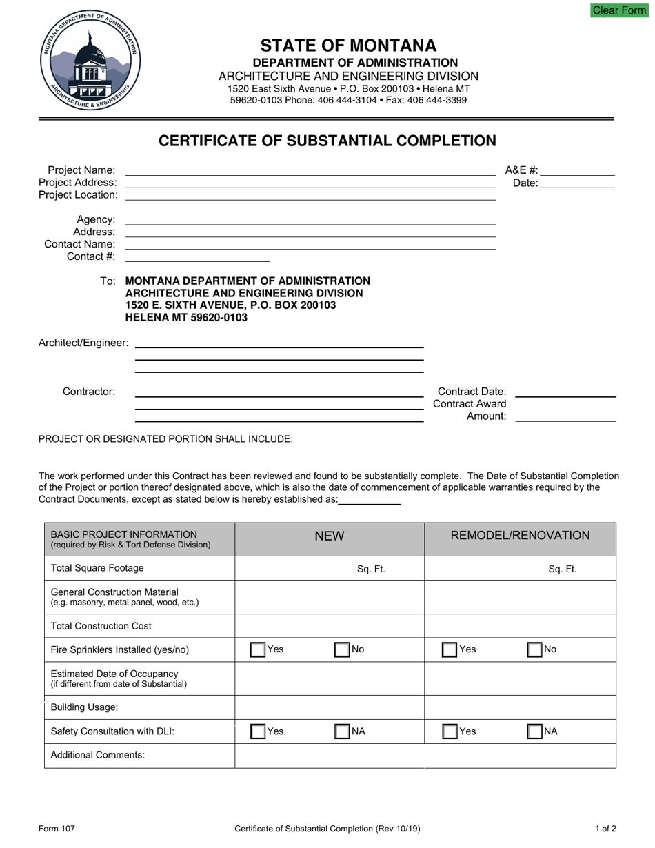 Form 107 Certificate of Substantial Completion - Montana, Page 1