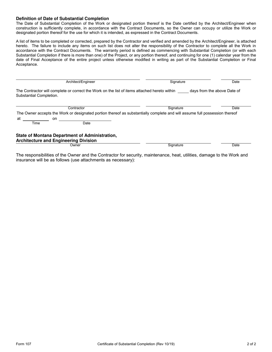 Form 107 Certificate of Substantial Completion - Montana, Page 2