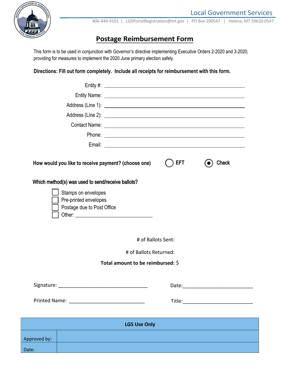 Postage Reimbursement Form - Montana, Page 1