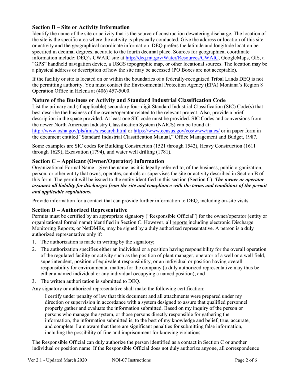 Instructions for Form NOI-07 Notice of Intent Form Construction Dewatering General Permit Mtg070000 - Montana, Page 2