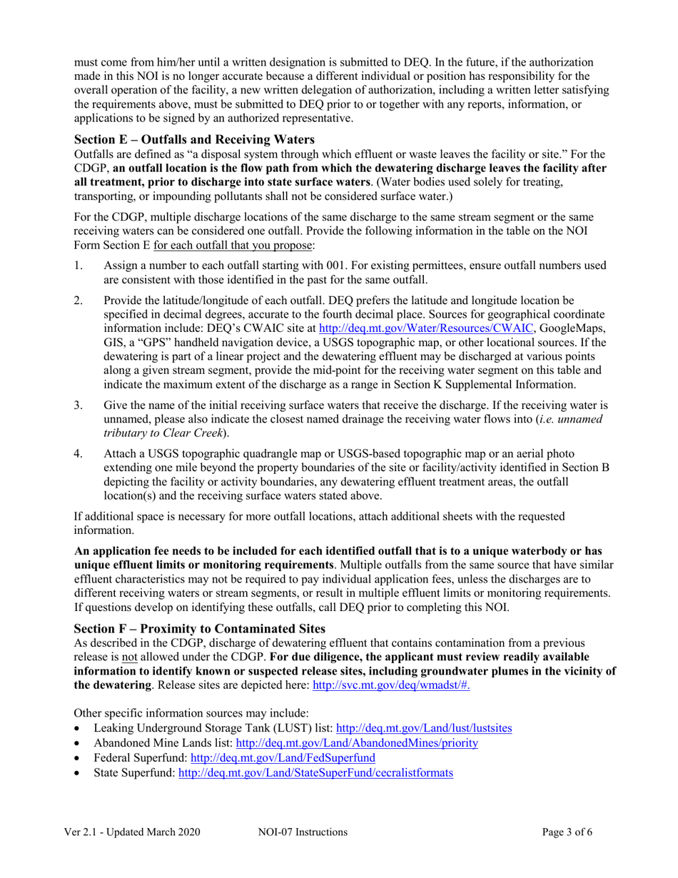 Instructions for Form NOI-07 Notice of Intent Form Construction Dewatering General Permit Mtg070000 - Montana, Page 3
