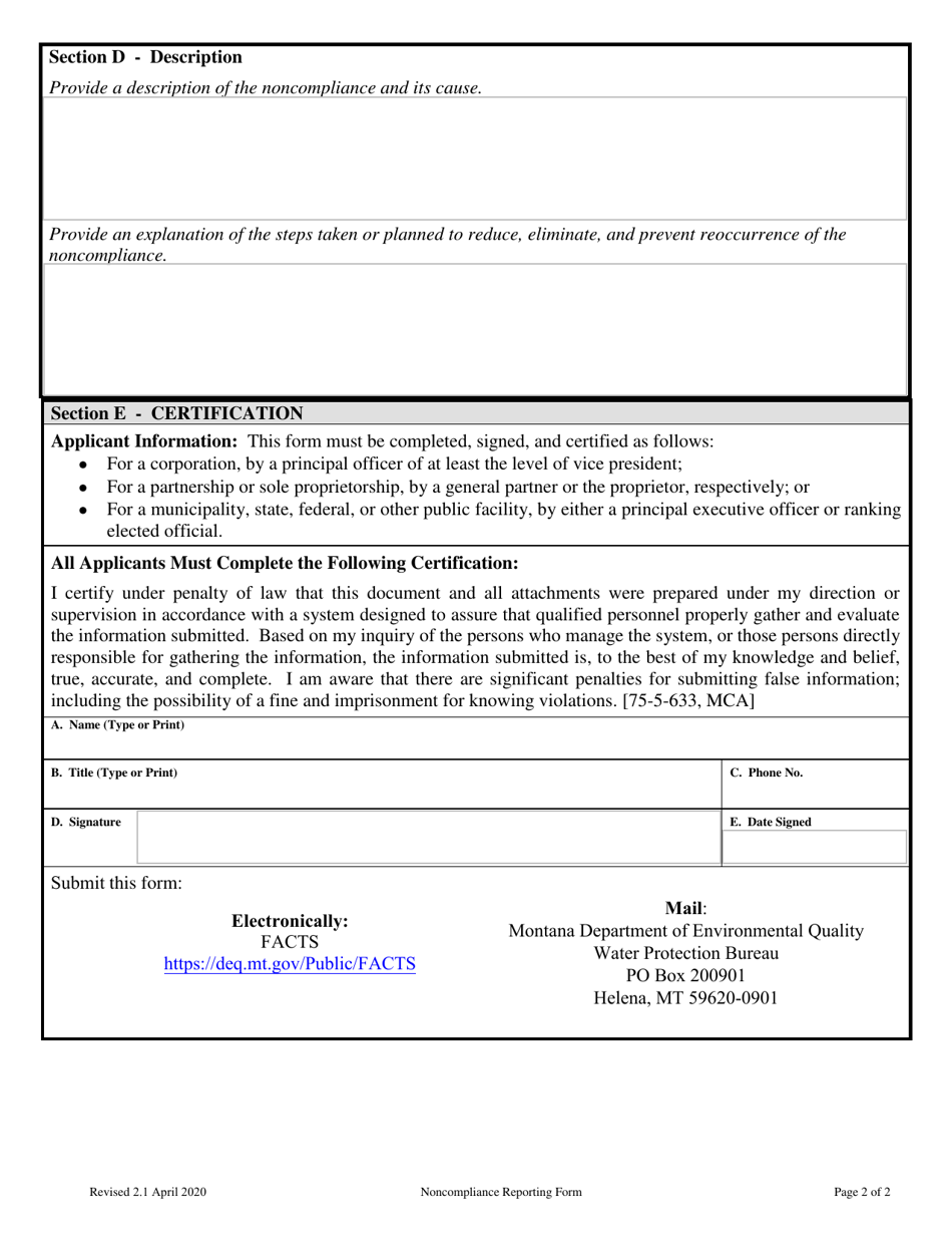 Form NCR Noncompliance Reporting Form - Montana, Page 2