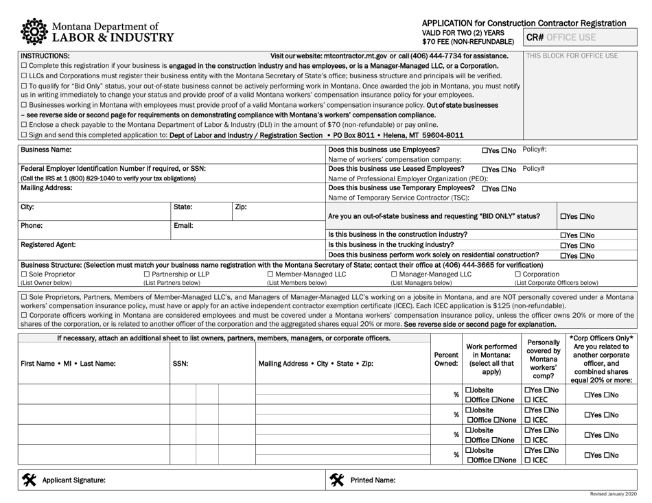 Application for Construction Contractor Registration - Montana, Page 1