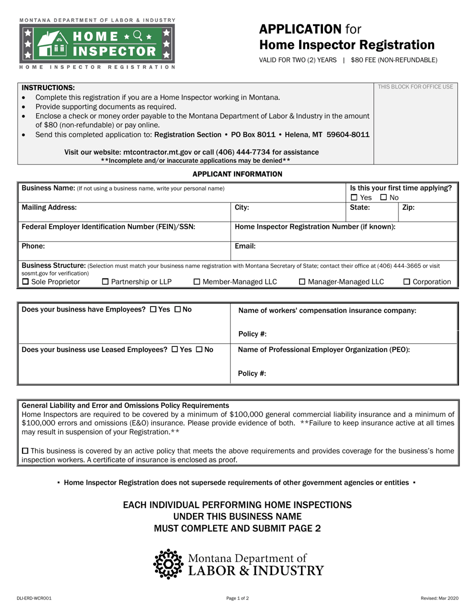Form DLI-ERD-WCR001 Application for Home Inspector Registration - Montana, Page 1