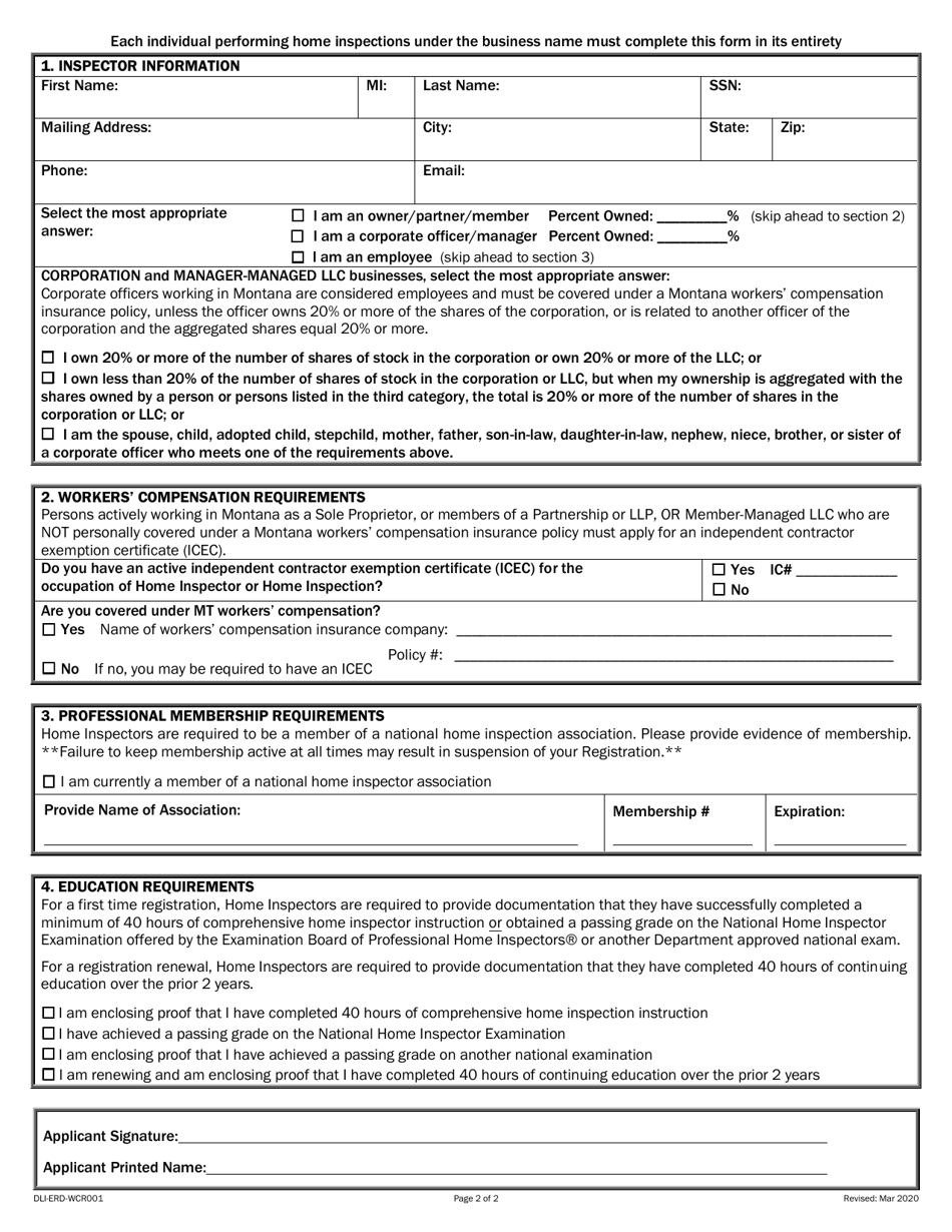 Form DLI-ERD-WCR001 Application for Home Inspector Registration - Montana, Page 2