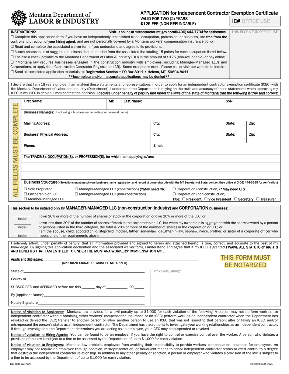 Form DLI-ERD-WCR003 Application for Independent Contractor Exemption Certificate - Montana, Page 1