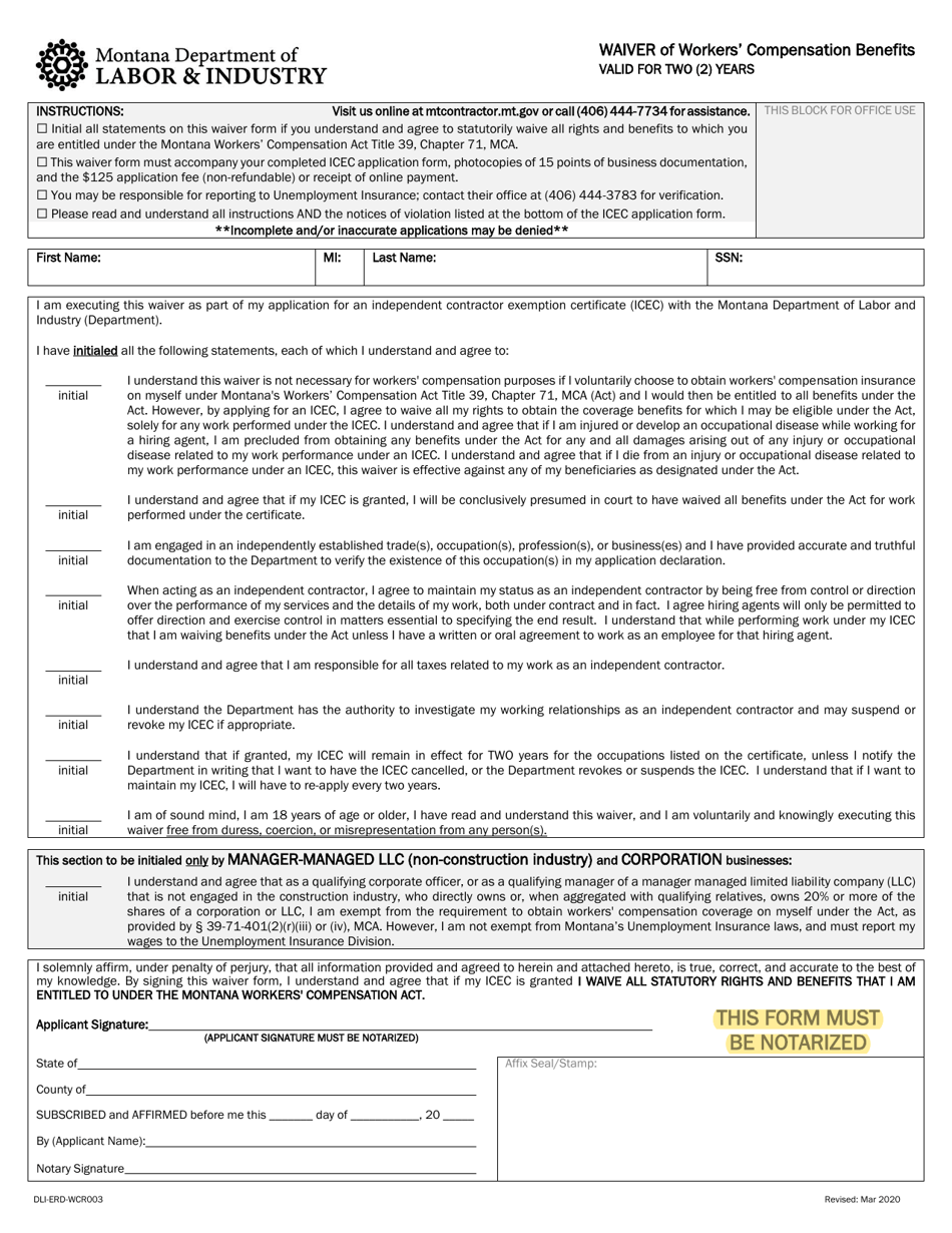 Form DLI-ERD-WCR003 Application for Independent Contractor Exemption Certificate - Montana, Page 2