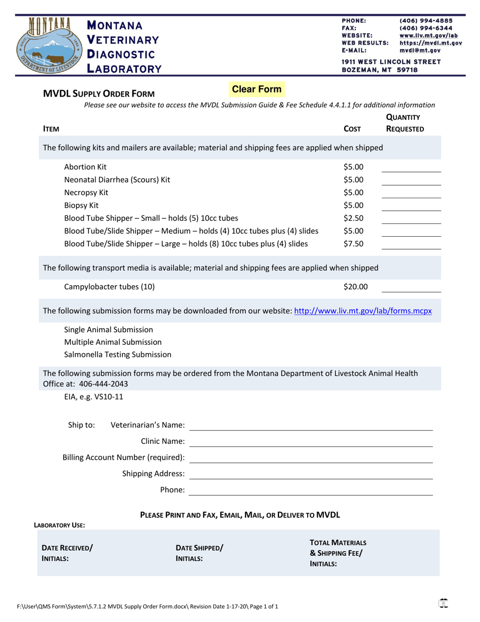 Mvdl Supply Order Form - Montana, Page 1