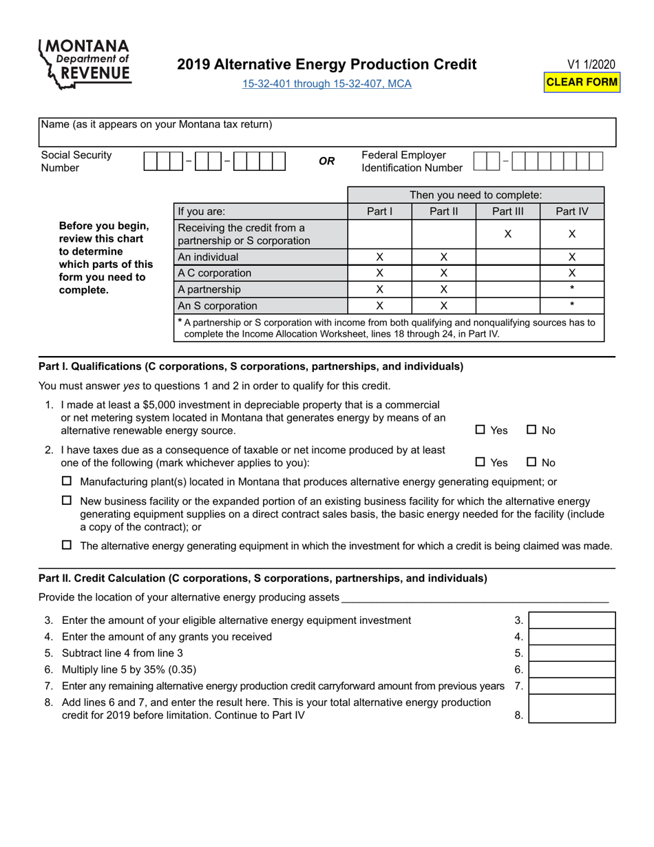 Form AEPC Alternative Energy Production Credit - Montana, Page 1