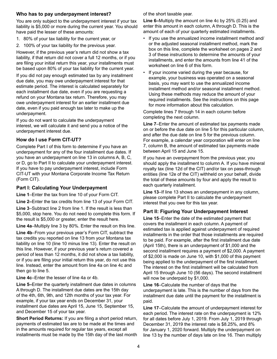 Form CIT-UT Underpayment of Estimated Tax by Corporation - Montana, Page 4