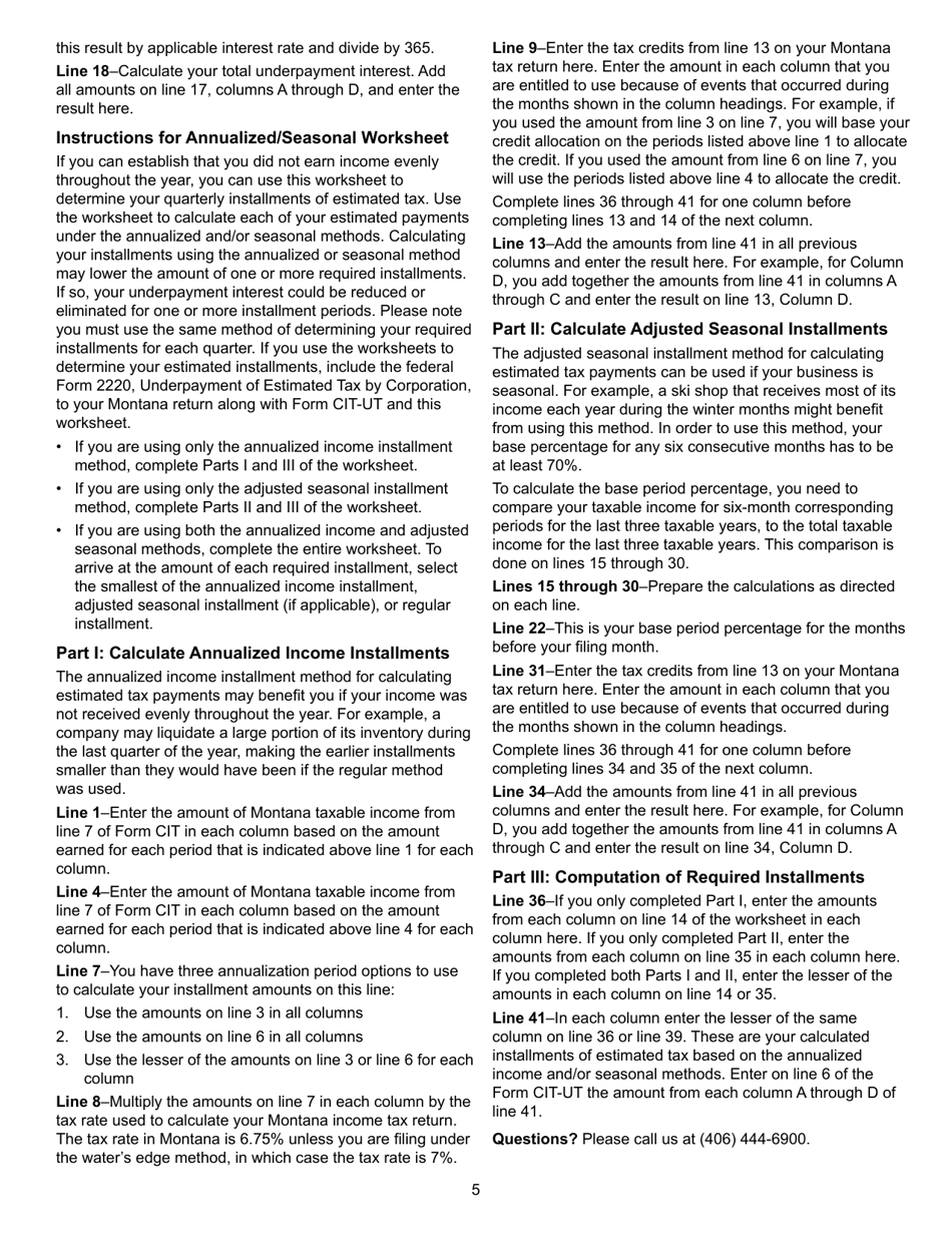 Form CIT-UT Underpayment of Estimated Tax by Corporation - Montana, Page 5