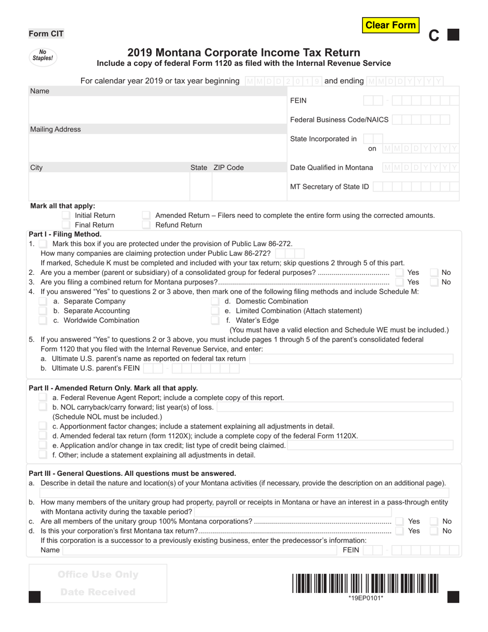 Form CIT Download Fillable PDF or Fill Online Montana Corporate