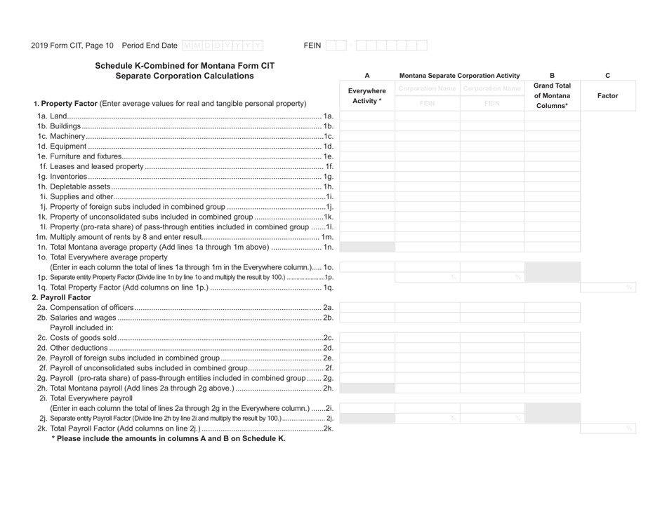 Form CIT Montana Corporate Income Tax Return - Montana, Page 10