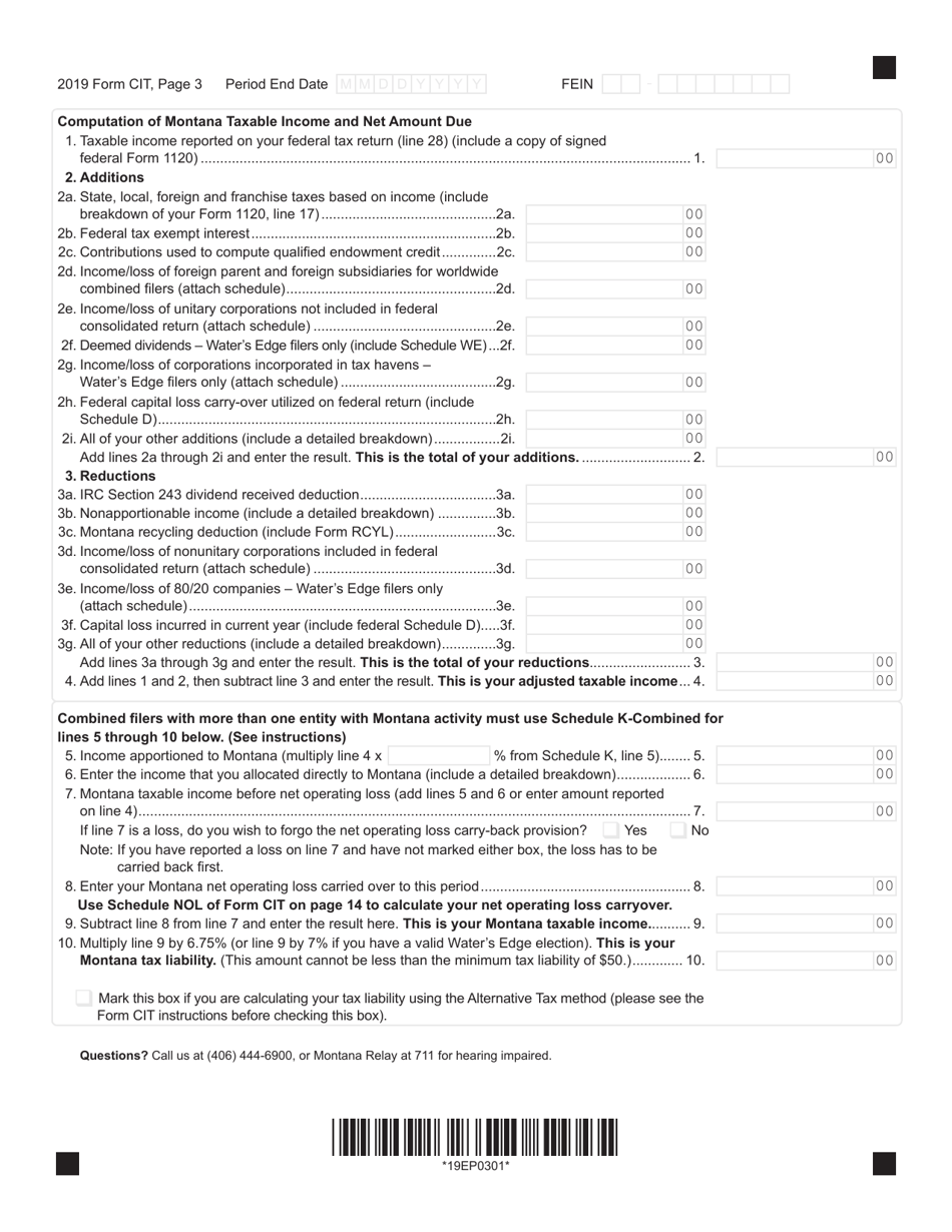 Form CIT Montana Corporate Income Tax Return - Montana, Page 3