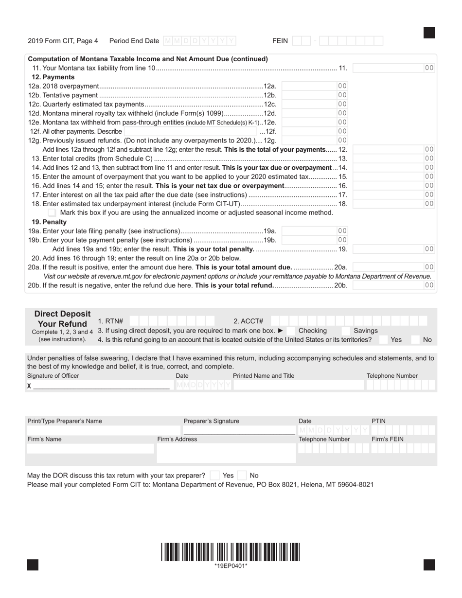 Form CIT Download Fillable PDF or Fill Online Montana Corporate Income ...