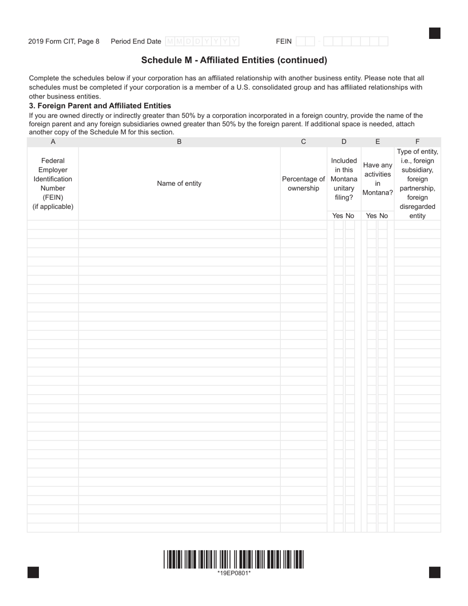 Form CIT Montana Corporate Income Tax Return - Montana, Page 8