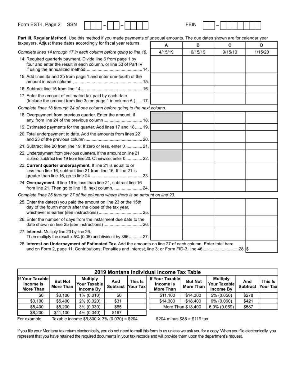 Form EST-I Underpayment of Estimated Tax by Individuals, Estates and Trusts - Montana, Page 2