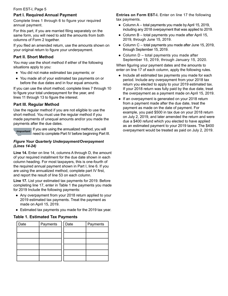 Form EST-I Underpayment of Estimated Tax by Individuals, Estates and Trusts - Montana, Page 5