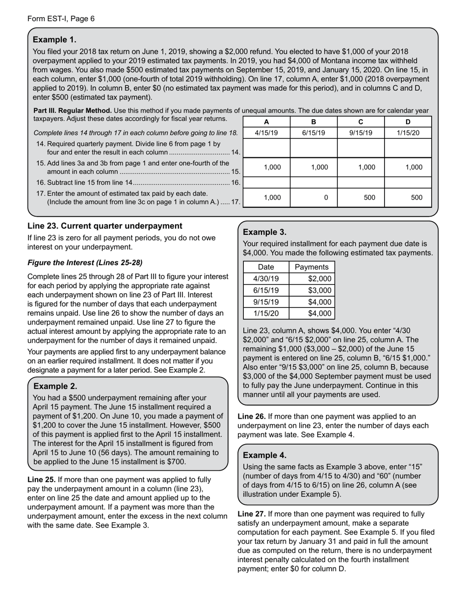 Form EST-I Underpayment of Estimated Tax by Individuals, Estates and Trusts - Montana, Page 6