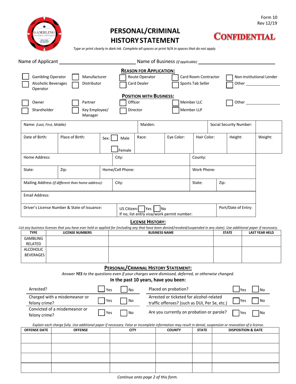 Form 10 Personal / Criminal History Statement - Montana, Page 1
