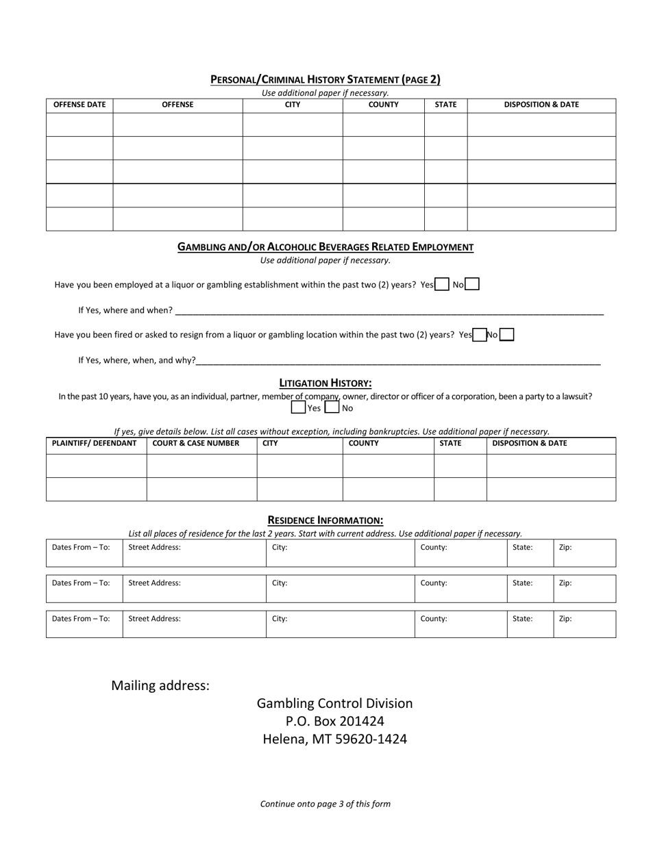 Form 10 Personal / Criminal History Statement - Montana, Page 2