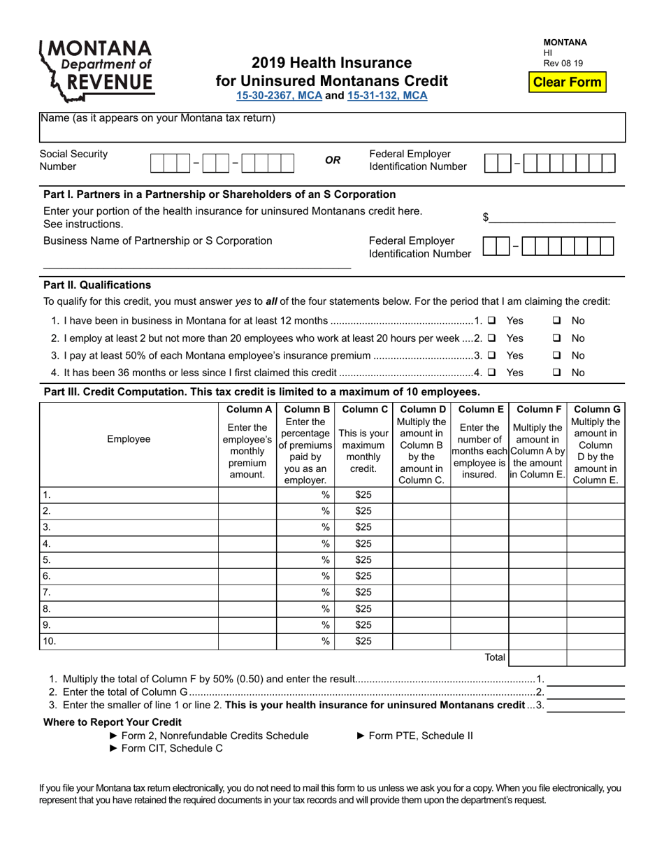 Form HI Health Insurance for Uninsured Montanans Credit - Montana, Page 1