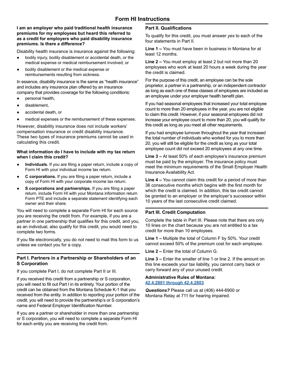 Form HI Health Insurance for Uninsured Montanans Credit - Montana, Page 2