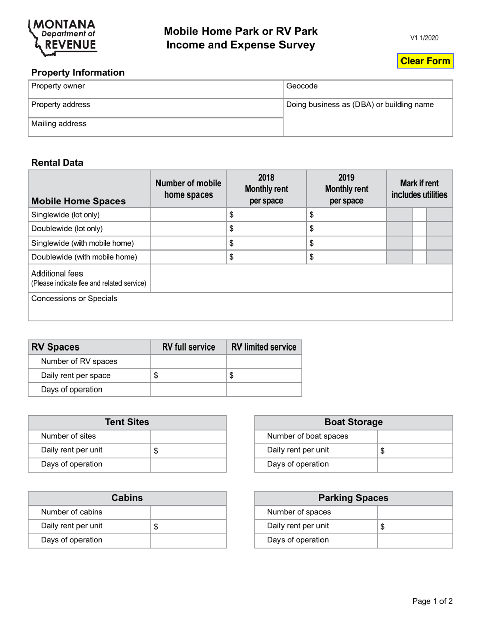 Mobile Home Park or Rv Park Income and Expense Survey - Montana, Page 1