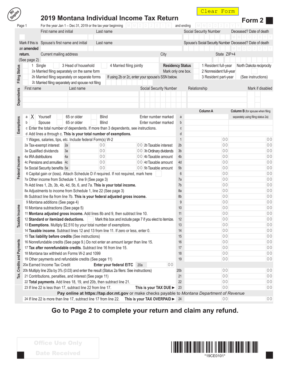 Form 2 Montana Individual Income Tax Return - Montana, Page 1