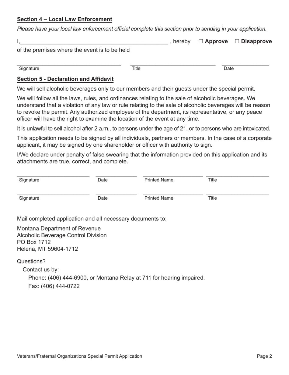 Form LCD49 Veterans / Fraternal Organizations Special Permit Application - Montana, Page 2